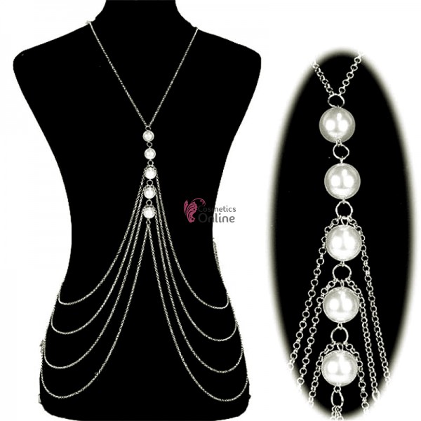 Accesoriu de bust Luxury BLX007 din metal cu perle pentru rochii elegante, costum de baie - Argintiu